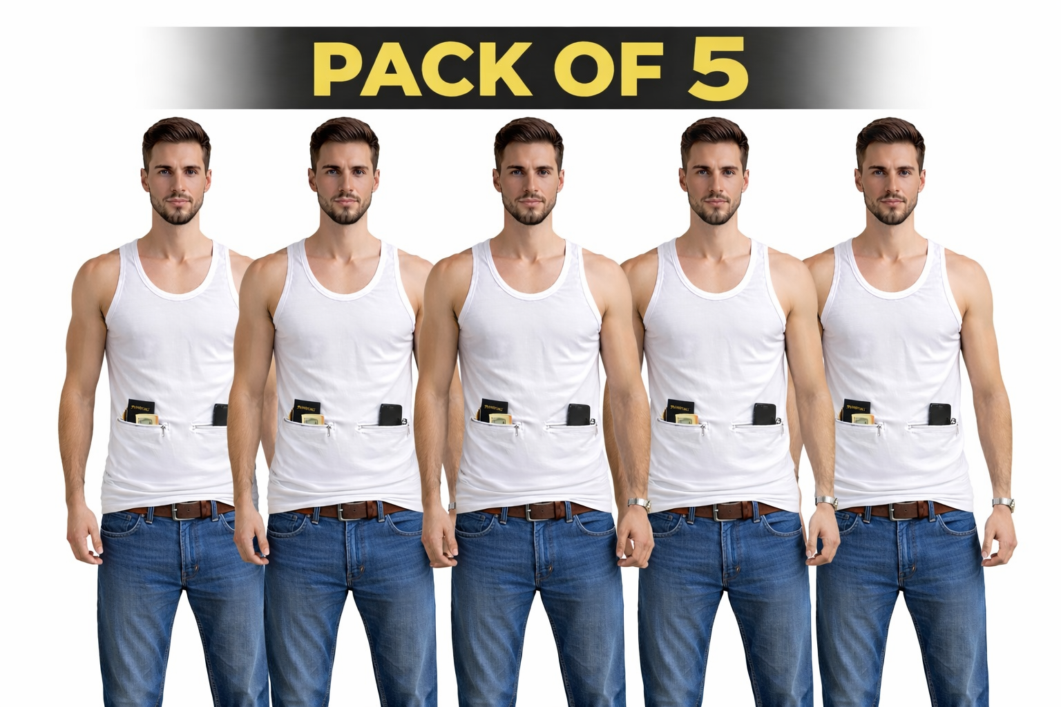 Pack of 5 Men’s Double Pocket Cotton Sando Vest – Secure Zip Pockets