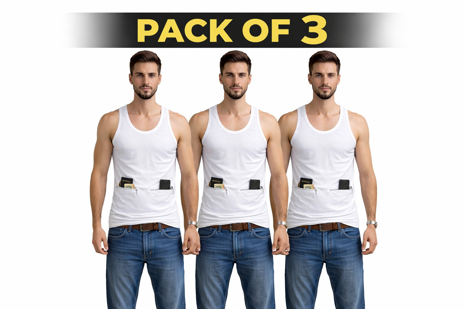 Pack of 3 Men’s Double Pocket Cotton Sando Vest – Secure Zip Pockets